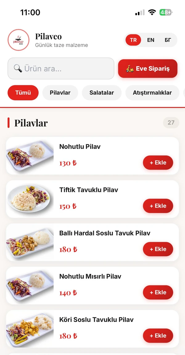 Pilavco menüsünde masadan ve eve sipariş ekranı